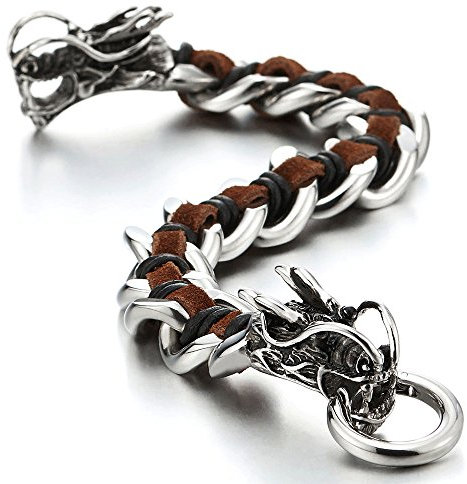 COOLSTEELANDBEYOND Bracelet de Dragon Acier Inoxydable et Chaîne Gourmette - Bracelet en Cuir Entrelacé Hommes - Brun Rayures Cuir