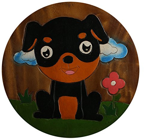 ART-CRAFT KH066 Kinderhocker Holz Schemel mit Motiv Hund bemalt und beschnitzt extra große Sitzfläche Ø 30cm LxBXH = 30x30x27cm
