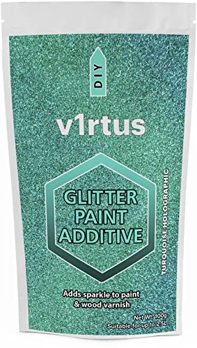 v1rtus Glitter Paint Additive - Turquoise Blue Holographic | Metallic Flakes for Adding Sparkle to Paints & Wood Varnish | Add to Emulsion, Acrylic & Latex for Indoor Sparkly Walls | 100 g