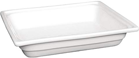 Olympia Whiteware 1/2 GN Porcelain Gastronorm Tray 100mm, 4.46Ltr | Safe for oven, freezer, microwave and dishwasher use; conforms to BS4034 standards to resist chipping in busy kitchens.