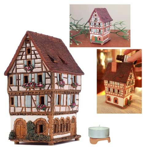 Midene Aroma Lichthaus Keramik Weihnachtshaus, Lichthäuser Weihnachtsdorf, Teelichthaus, Handarbeit Künstlerisches Nachbildung Miniatur, Altes Historisches Haus in Colmar, Elsass, A252AR
