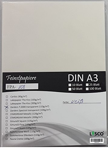 LYSCO® Feinstpapier-Set mit 50 Blatt DIN A3 Transparentpapier Zanders T2000 110g/m² exzellente Durchsicht, sehr gute Qualität, mögliche Verwendung: Einladungen, Visitenkarten, Einlegeblätter für Alben, Fotoalben, Fensterbilder, Bastelarbeiten und vieles mehr