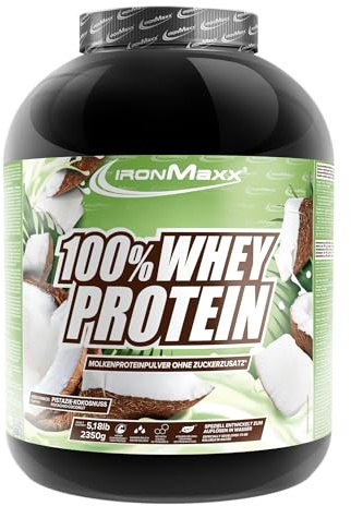 IronMaxx Proteina de Suero 100% Whey en Polvo 2350 g Sabor Pistacho Coco - Batido Proteico Cremoso con BCAA y EAA - Alto en Proteinas, Bajo en Azucar y Carbohidratos, Para Entrenamiento y Fitness