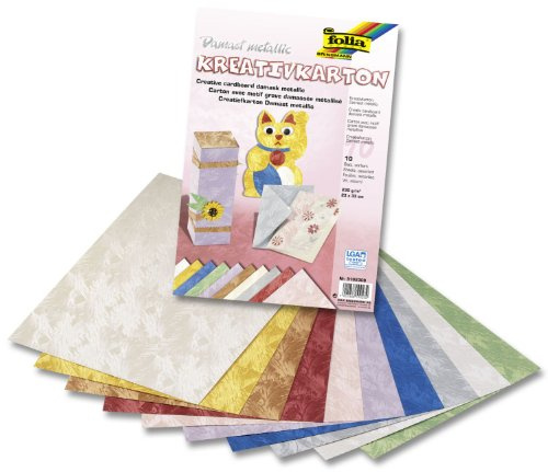 folia 5102309 - Kreativkarton Damast metallic, farbig sortiert, 23 x 33 cm, 230 g/qm, 10 Blatt