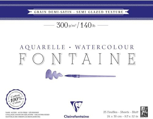 Clairefontaine 96406C Malblock, 4-seitig verleimt Aquarellpapier Halbsatiniert, Fontaine/Hadern, 24 x 30 cm, 25 Blatt, 300 g Packung, weiß
