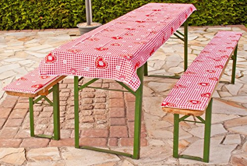 Beo Festzeltauflagen Set inklusiv Tischdecke kariert im Landhausstil Bankauflage, Circa 220 x 25 x 2,5 cm und 240 x 100 cm, rot/weiß/Mehrfarbig, 3 Stück (1er Pack)