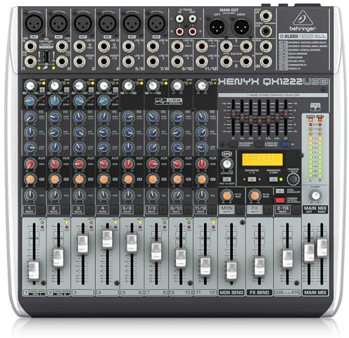 Behringer XENYX QX1222USB Premium 2/2-Bus-Mixer mit 16 Eingängen, XENYX-Mikrofonvorverstärkern und -Kompressoren, Klark Teknik Multi-FX-Prozessor, Wireless-Option und USB/Audio-Schnittstelle