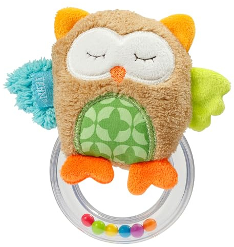 Fehn 071481 Rasselring Eule/Greifling zum Rasseln, Fühlen, Spielen mit kuschelweicher Stoff-Eule, für Babys und Kleinkinder ab 0+ Monaten