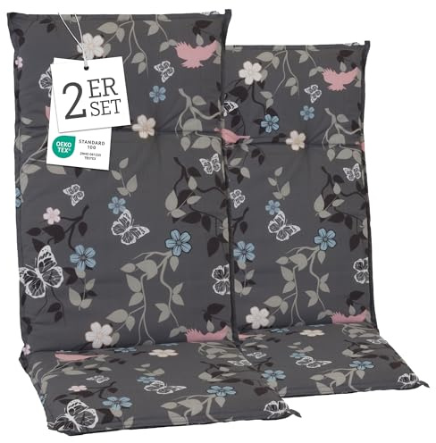Beo Gartenstuhlauflagen Hochlehner 2er Set UV-beständig Barcelona | Made in EU nach Öko-Tex Standard | Hochlehner Auflagen waschbar | Atmungsaktive Stuhlauflagen Hochlehner mit Vogel-Muster