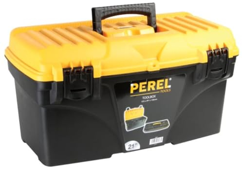 Perel Werkzeugkasten, Polypropylen, herausnehmbarer Werkzeugträger, aufklappbarer Tragegriff, Kunststoffverschlüsse, Schwarz/orange, 535 x 291 x 280 mm