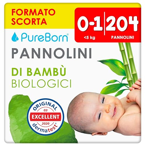 PureBorn Ekologiska Blöjor av Bambu, Nyfödd (<5 kg), 204 stycken (6x34), Allergivänliga, Ultramjuk, Våtindikator, Olika Tryck