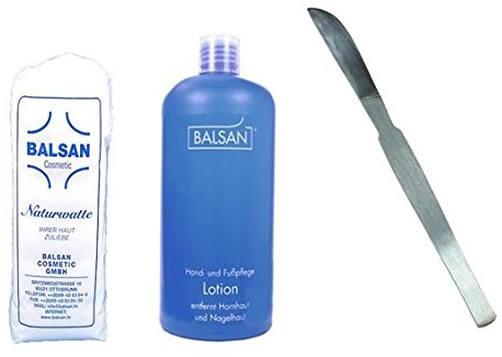 Set Balsan Hornhautentferner Fusspflege Lotion 500 ml, Watte und Hornhautschieber