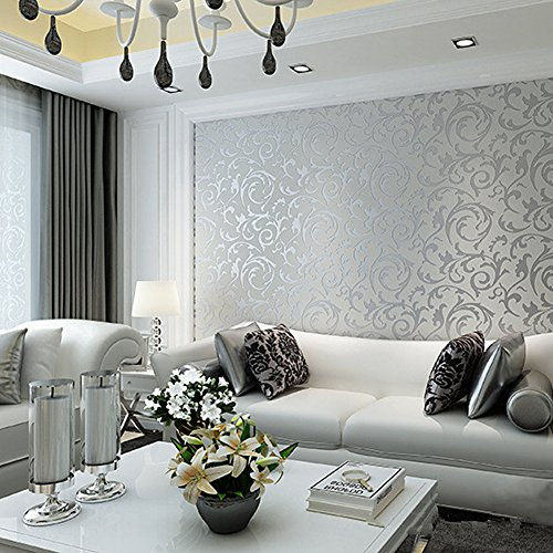 HANMERO Papier Peint Intissé Damassé Baroque Haute Qualité Flocage Wallpaper pour Chambre TV Fond Bureau, Argent-10m*0.53m-3 Couleurs au Choix