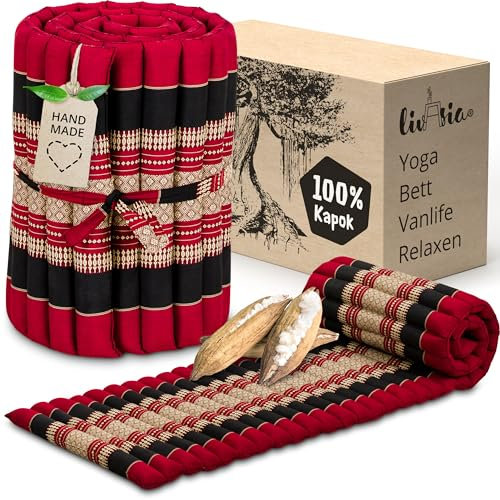 livasia Rollmatte Rollmatratze S schmal - 200x50x4,5cm - Gästebett Gästematratze 1 Person mit Muster, Reisebett Kofferraum outdoor, Thaimatte Kapok für Garten Balkon handgefertigt (Rot/Schwarz)