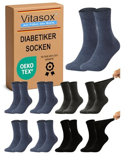 Vitasox Chaussettes diabetiques Homme Extra-Larges 43-46 en Coton – Chaussettes Médicales Sensibles, Sans Élastique & Sans Couture – Lot de 8 Paires Noires, Anthracite & Bleu Jeans 31120-22