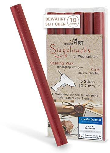 gravurART Siegelwachs flexibel für Wachspistole - Stilvoll Briefe versiegeln mit dem 6er Pack Wachs für Siegelstempel in Bordeaux Rot - 7 mm