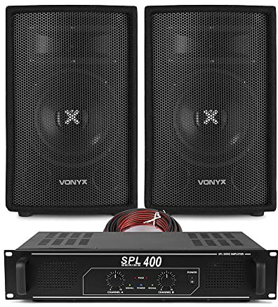 VONYX SL6 DJ Speaker & Amplifier Bundle – Complete Passive PA System, 250W Speakers Pair, Skytec SPL400 2-Channel Amplifier, 3.5mm to RCA & 10m Speaker Cable Kit, Home DJ, Compact Disco Audio Set