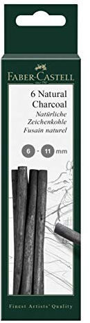 Faber-Castell 129398 - Zeichenkohle Pitt natürlich, 6 natürliche Kohlen zum Zeichnen, Durchmesser 6-11 mm