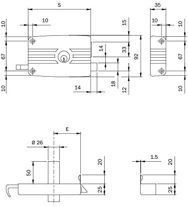Serrure fer à appliquer Art. 432 Serrure pour bois, Cylindre Intérieur fixe, Cane séparé avec tirette intérieur et rappel avec clé extérieur. Dotée de buse, Capsule et trois clés.