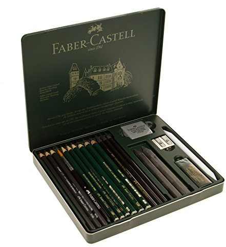 Faber-Castell 112973 - Estuche de Metal con 3 Lápices de Colores Acuarelables - 6 grafitos 9000-3 grafito Pitt puro - 2 Grafitos y Accesorios - Multicolor