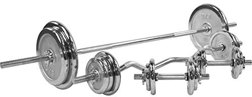 GORILLA SPORTS® hantelset 108 kg - skivstång 170 cm, SZ-stång 120 cm, 2 hantlar, 18 viktskivor i krom, 30 mm, 8 stjärnlås - skivstång, hantel, vikter, hantelset