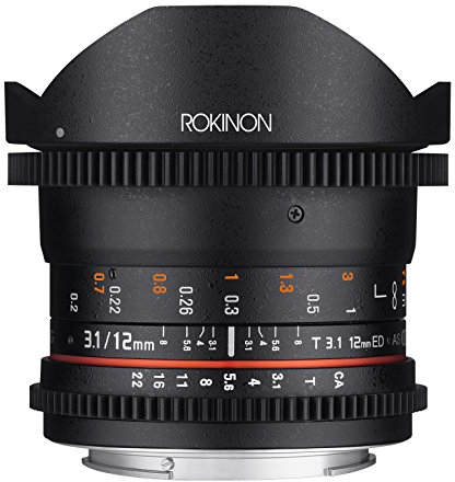 Rokinon Cine DS 12 mm T3.1 Ultra Wide Cine Fischaugenobjektiv für Canon EOS EF DSLR-Kameras – Full Frame kompatibel