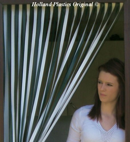 Slat type Door Curtain/Fly Blind- With pair of screw in hooks for wooden frames (GREEN/WHITE) 80cm wide x 200cm drop