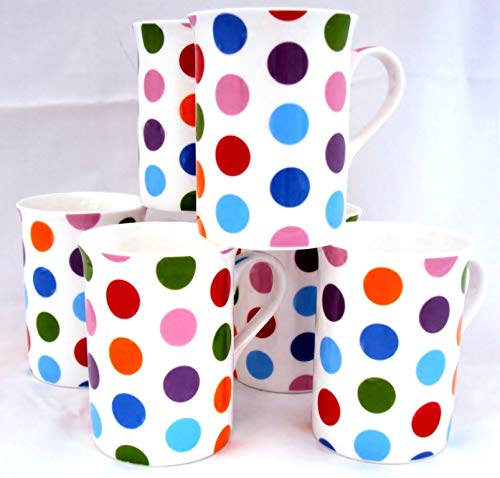 Juego de 6 tazas de color blanco con lunares multicolor de porcelana fina - Tazas decorada a mano en el Reino Unido
