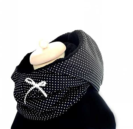 Wishproject® Hoody OktoberNacht/Kapuzenschal schwarz mit weißen Pünktchen Kapuzenkragen, oder Mütze -WEICH, WARM, SCHICK für Outdoor, Fahrradfahren, Trekking, Wandern