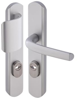 Vachette Set de Poignée de Porte sur Plaque Sécumax Up - Version Porte Pallière, Entraxe 195mm - Pose Facile - Aluminium - Protecteur de Cylindre Inox Ajustable 5mm - Anodisé Argent - Garantie 10 Ans
