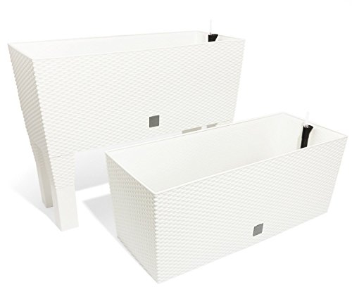 Prosperplast 2er Set 30L Blumenkasten Pflanzkübel mit Bewässerungssystem Rattan Optik Weiss Füßen
