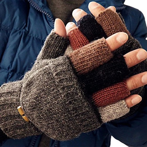 Förtjusande ullhandske för män vantar fingerlösa virkning vinter varma konvertibla stickade handskar, Brun, M