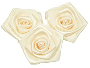 Rosen 6 cm x 3 Stück Satinrosen Aufnäher Deko Blumen Röschen zum Basteln Hochzeit Rosenköpfe Farbe: Ivory Ecru 820