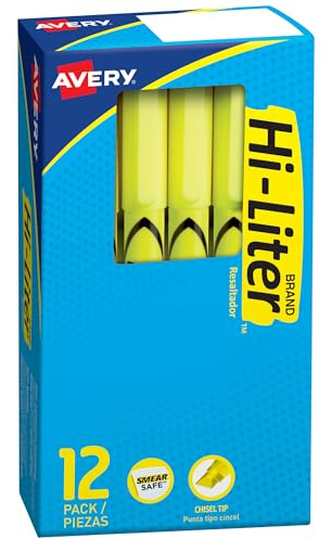 Avery Hi-Liter Pen-Style Highlighters, Smear Safe Ink, Chisel Tip, 12 Fluorescent Yellow Highlighters (23591)