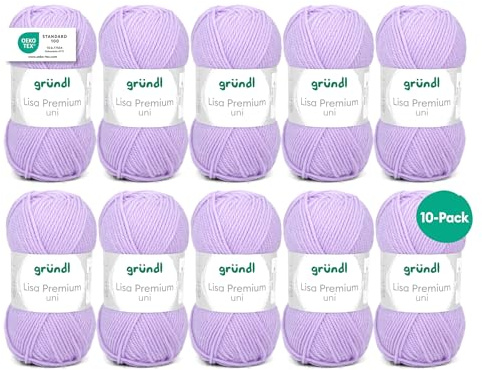 Gründl Laine Lisa Premium uni - Fil pour tricoter - Fil à tricoter - Fil à crocheter - Doux et agréable pour la peau - 100% polyacrylique 10 pelotes 50 g / 133 m - Taille d’aiguille 3,5-4,5 - lilas