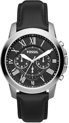 Fossil Men's Watch, Grant Quartz Stainless Steel and Leather Chronograph Watch for Men, Color: Silver, Black
