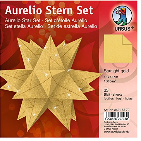 Ursus 34315578 - Faltblätter Aurelio Stern Starlight, gold matt, 33 Blatt, aus Papier mit Metallic Effekt 130 g/qm, ca. 15 x 15 cm, beidseitig veredelt, ideal als Weihnachtsdeko