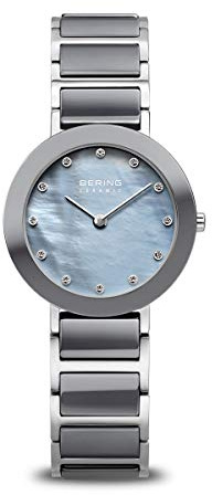 BERING Damen Quarz Uhr | Armbanduhr 29 mm silbernes Edelstahlgehäuse und graues Zifferblatt | Edelstahlband mit Keramikelementen | 5 ATM | 11429-789