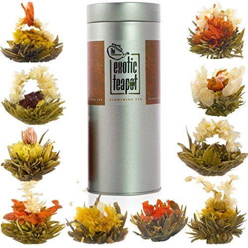 The Exotic Teapot – Flowering Tea Sampler Tin, 10 Assorted Flower Blooms, Jasmine, Fruity Flavours
