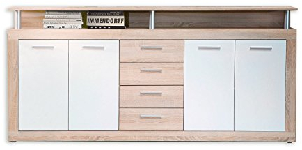 FORTE Cava Kommode mit 4 Türen, 4 Schubladen und Aufsatz, Holzwerkstoff, Sonoma Eiche Dekor mit Weiß, B x H x T: 197,5 x 94,4 x 36,3 cm