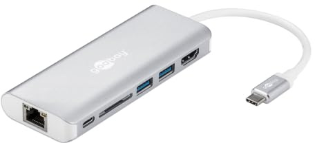Goobay 76788 USB C Hub Multiport Verteiler 6 Ports 1x HDMI 4K @ 30Hz / 1x USB C 100W PD / 2x USB 3.0 / 1x RJ45 / 1x SD Kartenleser / Multidock Aluminium