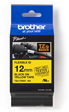 Brother TZe-FX631 Labelling Tape Cassette, Black on Yellow, 12mm (W) x 8M (L), Flexible ID, Brother Genuine Supplies