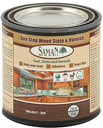 SamaN Interior One Step Wood Seal, Stain and Varnish – Oil Based Odorless Dye - Protection for Furniture and Fine Wood (Walnut SAM-309, 8 oz)