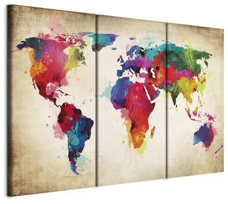 B&D XXL - Quadro 90x60 cm 3 Pezzi - Stampa su Tela Canvas con Struttura - Quadri Componibili Moderni Soggiorno Grandi - Murale Arte Decorazioni da Parete Decori - mappamondo k-A-0006-b-f