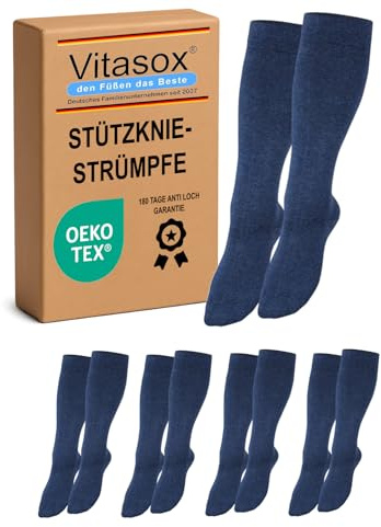 Vitasox Stützstrümpfe für Damen & Herren, 4 Paar jeans 39/42, Reisestrümpfe, Stützkniestrümpfe aus Baumwolle mit Kompression für Flug, Büro und Auto, Thrombose Socken gegen geschwollene Beine, 44457