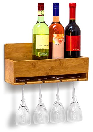Relaxdays Wine Shelf With Glass Holder: 17 x 37 x 11.5 cm Bottle Stand Bamboo With Space For 4 Bottles & 4 Glasses Wall-Mounted Hanging Wooden Shelf As Bottle Holder, Natural Brown