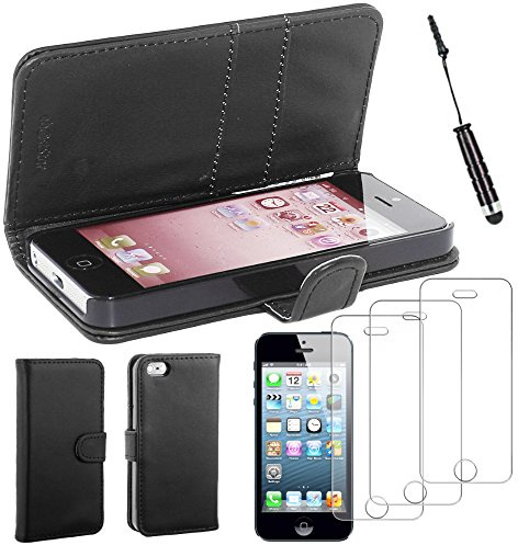 ebestStar - Coque Compatible avec iPhone SE 5S 5 Apple Etui PU Cuir Housse Portefeuille Porte-Cartes Support Stand + Mini Stylet + 3 Films d'écran, Noir [Appareil: 123.8 x 58.6 x 7.6mm, 4.0'']