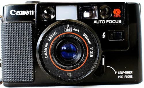 Canon Schwarz 35 mm Film Kamera mit Canon 38 mm 1:2.8 Objektiv, Selbstauslöser, Pre Focus, Manuelle ASA, Kompaktkamera (Schwarz)