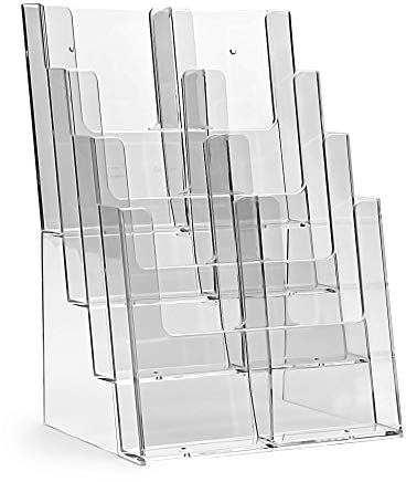 taymar 4C230 Tisch-Prospektständer, Prospektaufsteller im DIN A4 Format (4 Fächer) auf 4 Etagen inkl. Fach-Teilern für eine optionale Umrüstung auf DIN Lang (DL) - trifold mit 8 Fächern – Transparent