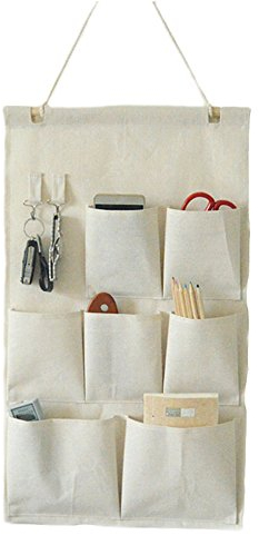 CaLeQi Linen/Cotton Fabric Wall Door Closet Hanging Storage Bag Case (Beige 7 Pockets, 35x54cm)